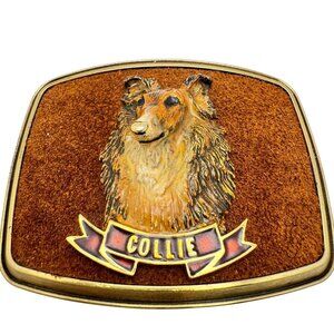 Raintree 1979 Collie Dog Belt Buckle Metal & Faux Leather Design Vintage